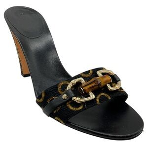 GUCCI BLACK CANVAS SLIDE SANDALS WITH BAMBOO BIT SZ 39.5